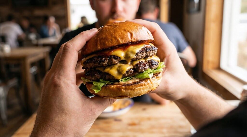 burger, beef, patties, brioche, lettuce, sandwich, hungry, eating, hands, delicious, fast food, dinner, juicy, meal, snack, gourmet, meat, bun, protein, tasty, ai generated